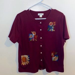 Christopher & Banks Maroon Flower Print Button Up Cotton Shirt